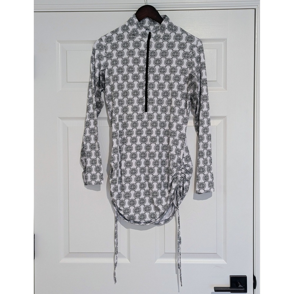 IBKUL Womens White Black Geometric Ruched Quarter Zip Activewear Dress Medium
